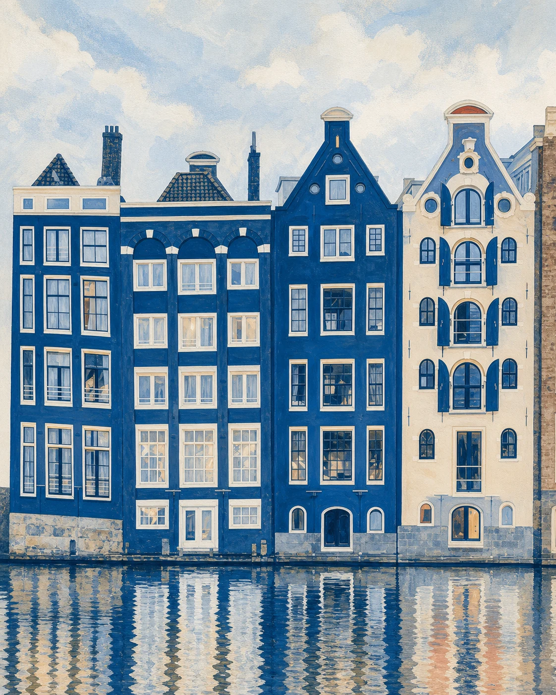 Illustration of Amsterdam canal houses reflected in the water